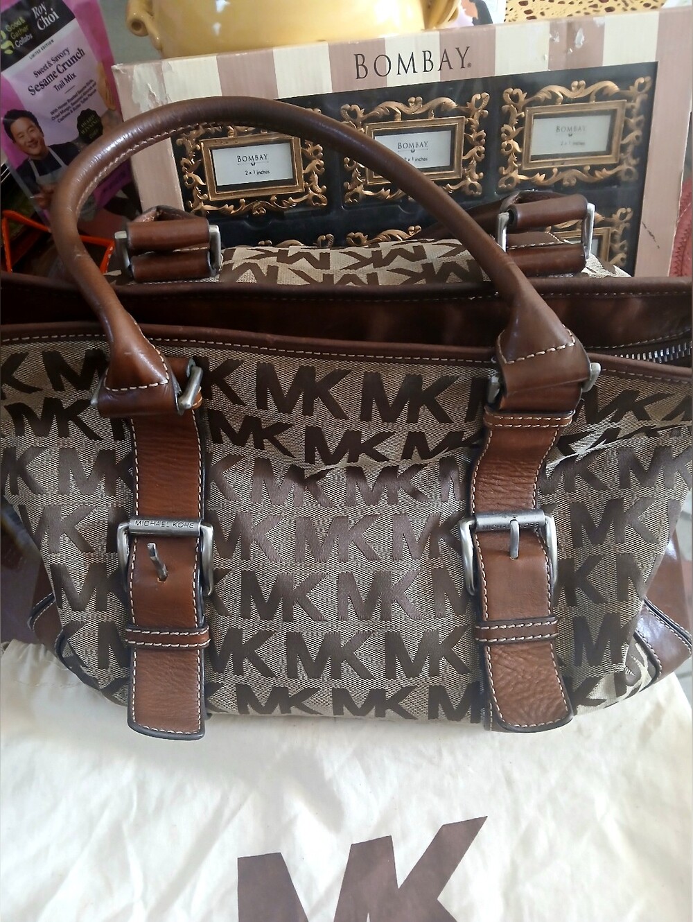 Vintage Michael Kors Brown MK Logo Canvas Satchel with Leather Trim